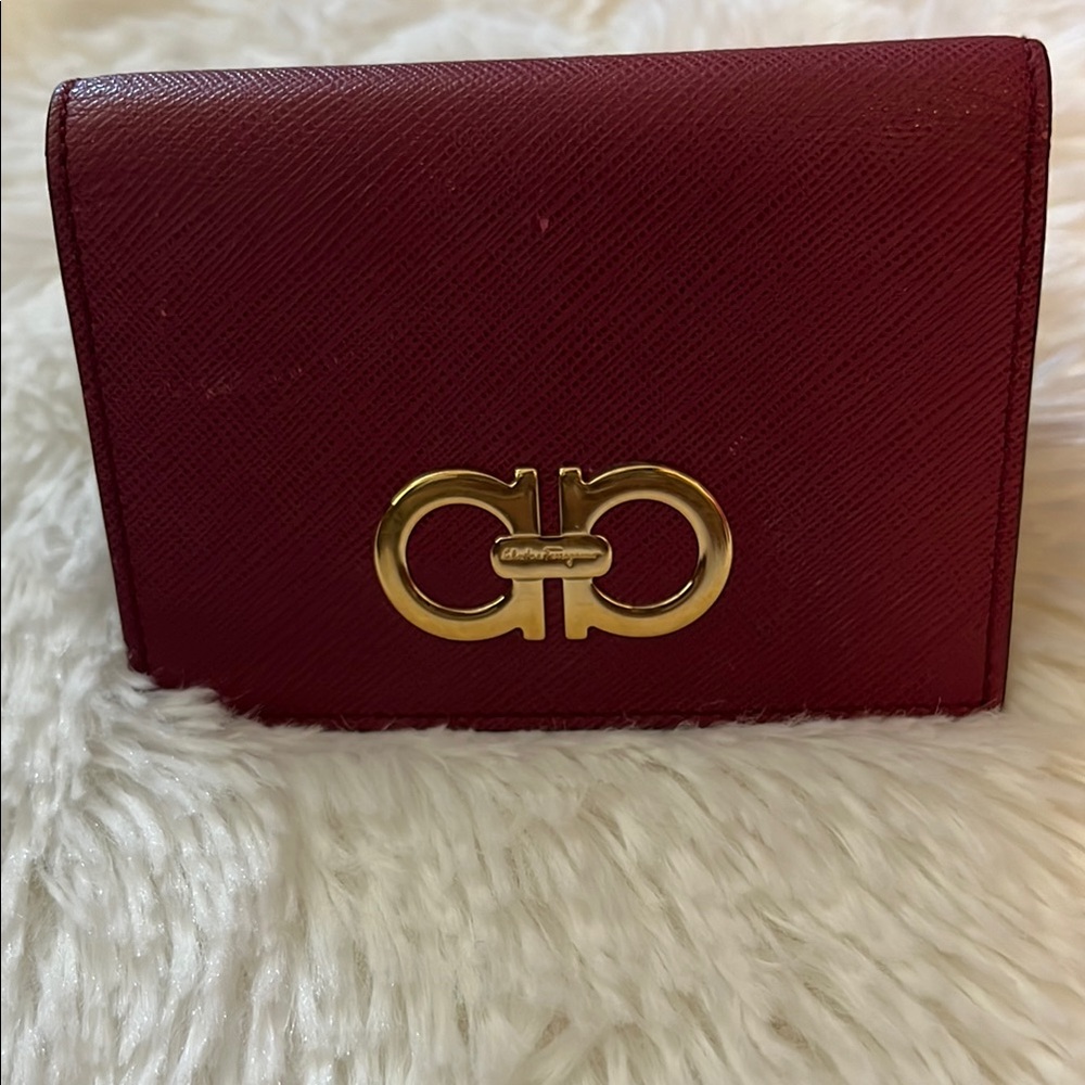 Salvatore Ferragamo Burgundy Gancini Leather Card Wallet with Gold Accent